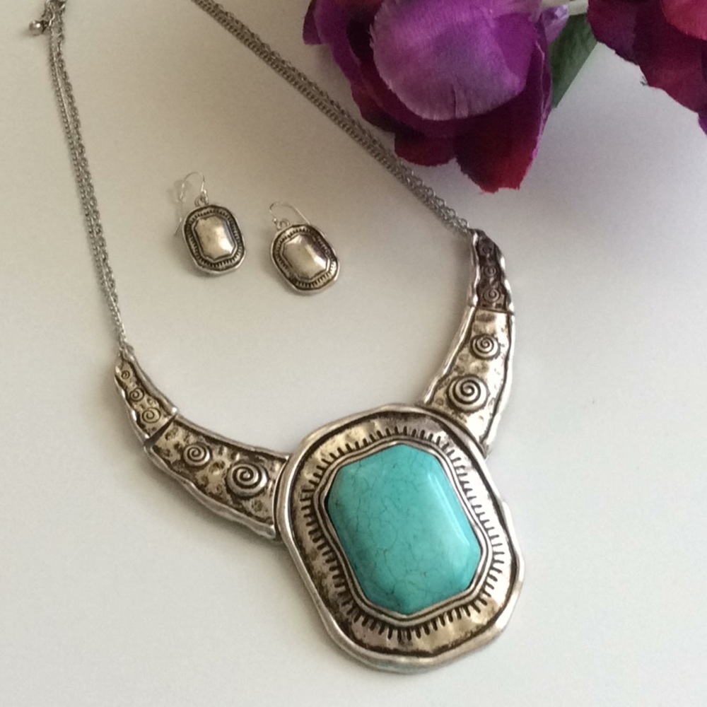 Silver Genuine Turquoise Gemstone Necklace Set